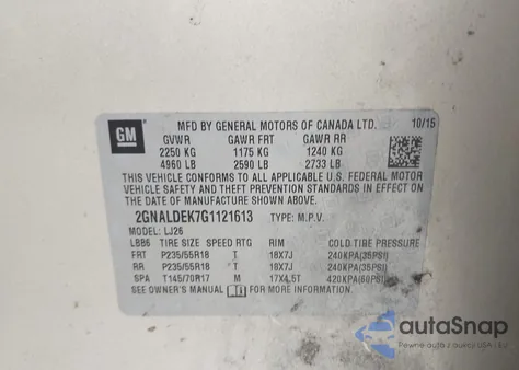 2016 Chevrolet Equinox Ltz из США, поврежденный, VIN 2GNALDEK7G1121613